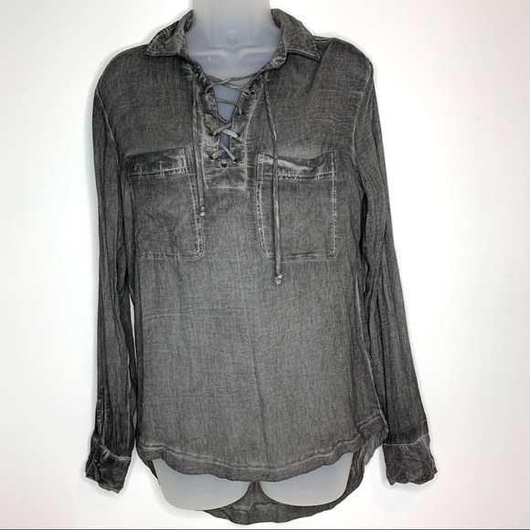 ROCK & REPUBLIC Black Acid Washed Long Sleeved Lace‎ up Front Goth Blouse Top XS - Picture 1 of 10